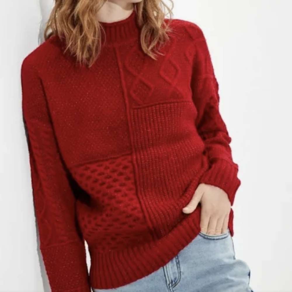 American Eagle Outfitters Mixed Stitch Patchwork Sweater Red‎ NWT Women's Small
